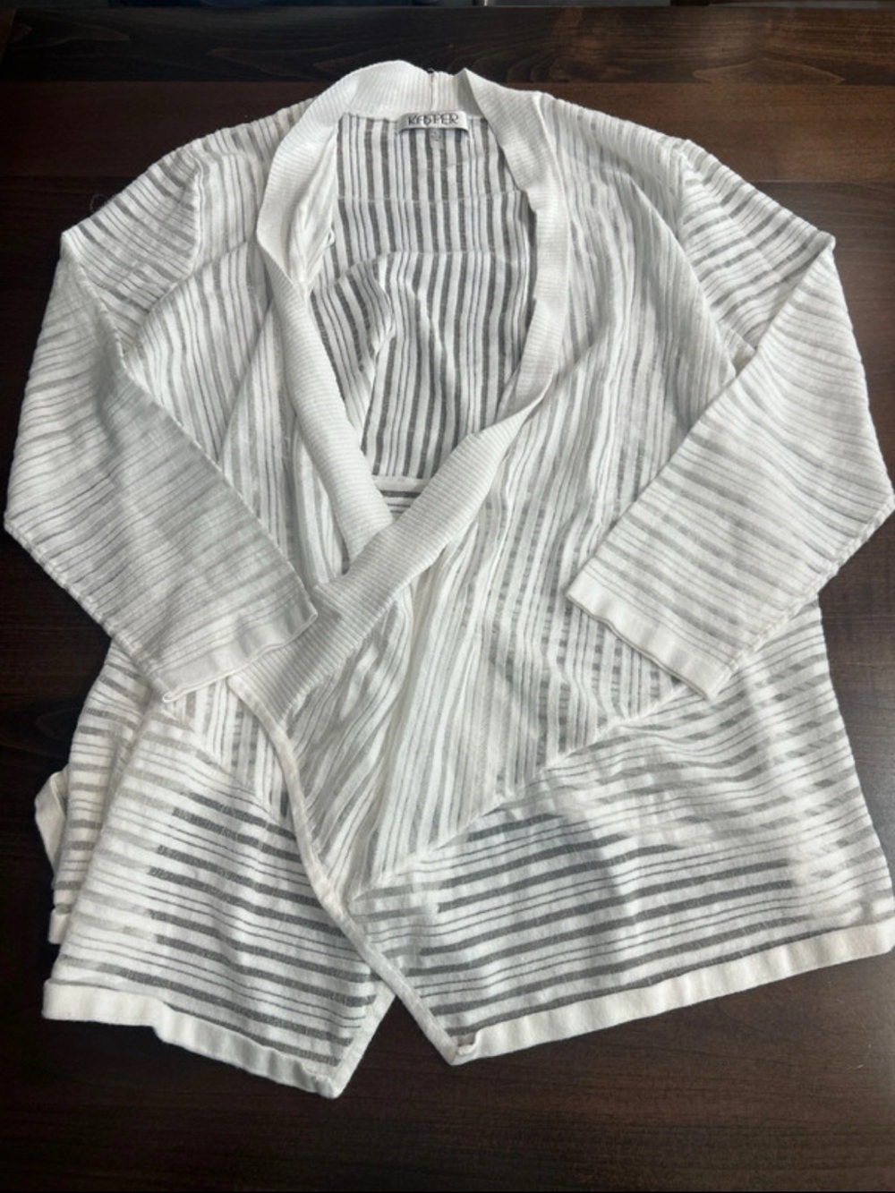 Kasper White and Gray Striped Open-Front Cardigan
